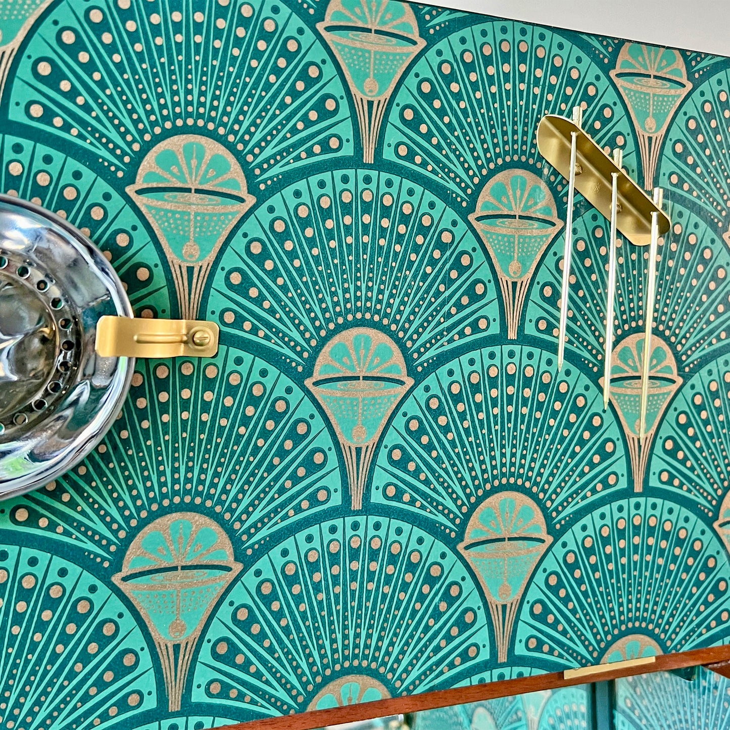 Art Deco Walnut Drinks Cocktail Gin Wine Bar Cabinet - Green & Gold *MADE TO ORDER*