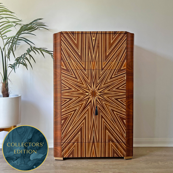 Luxury Art Deco Gold Starburst Walnut Drinks Cocktail Cabinet - ‘The Supernova’