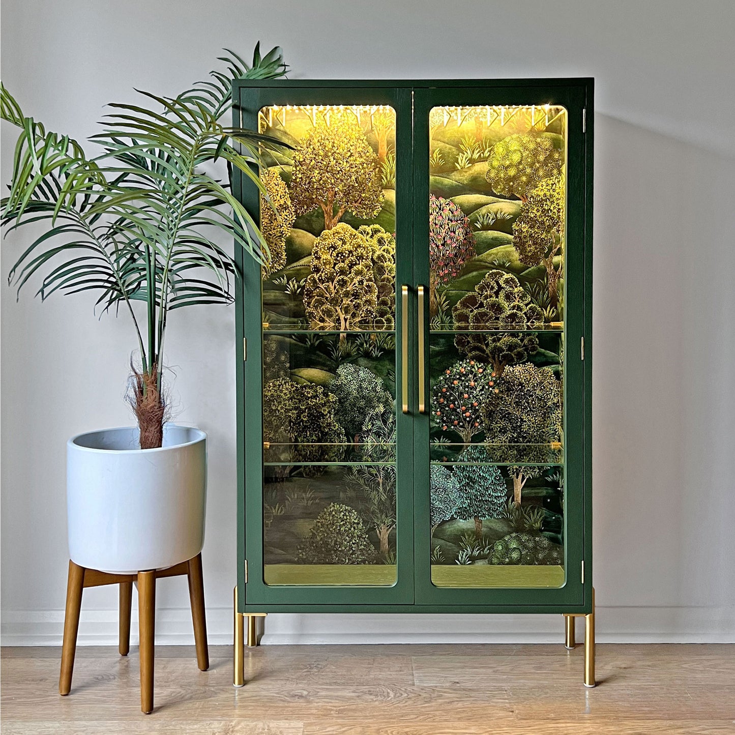 Green G Plan Modern Glass Display Drinks Cocktail Cabinet - Cole & Son Forest - *MADE TO ORDER*