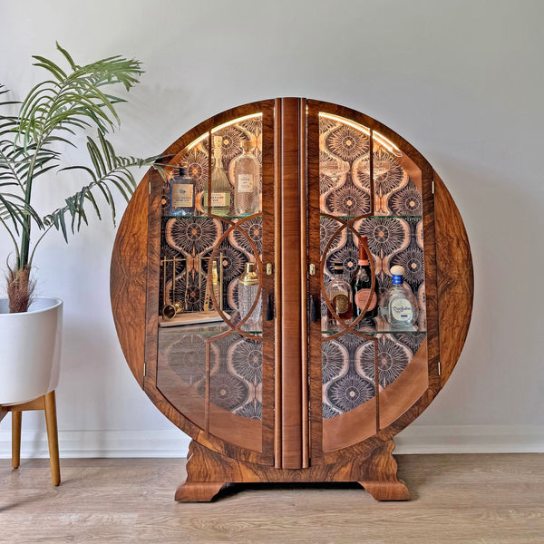 Rare Art Deco 1930s Walnut Round Circular Cocktail Drinks Cabinet - Anna Hayman 'Bibana'
