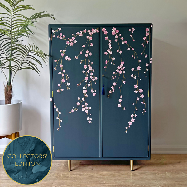 Vintage Large Blue Drinks Cocktail Cabinet Bar - Chinoiserie Cherry Blossoms - ‘Hanami’