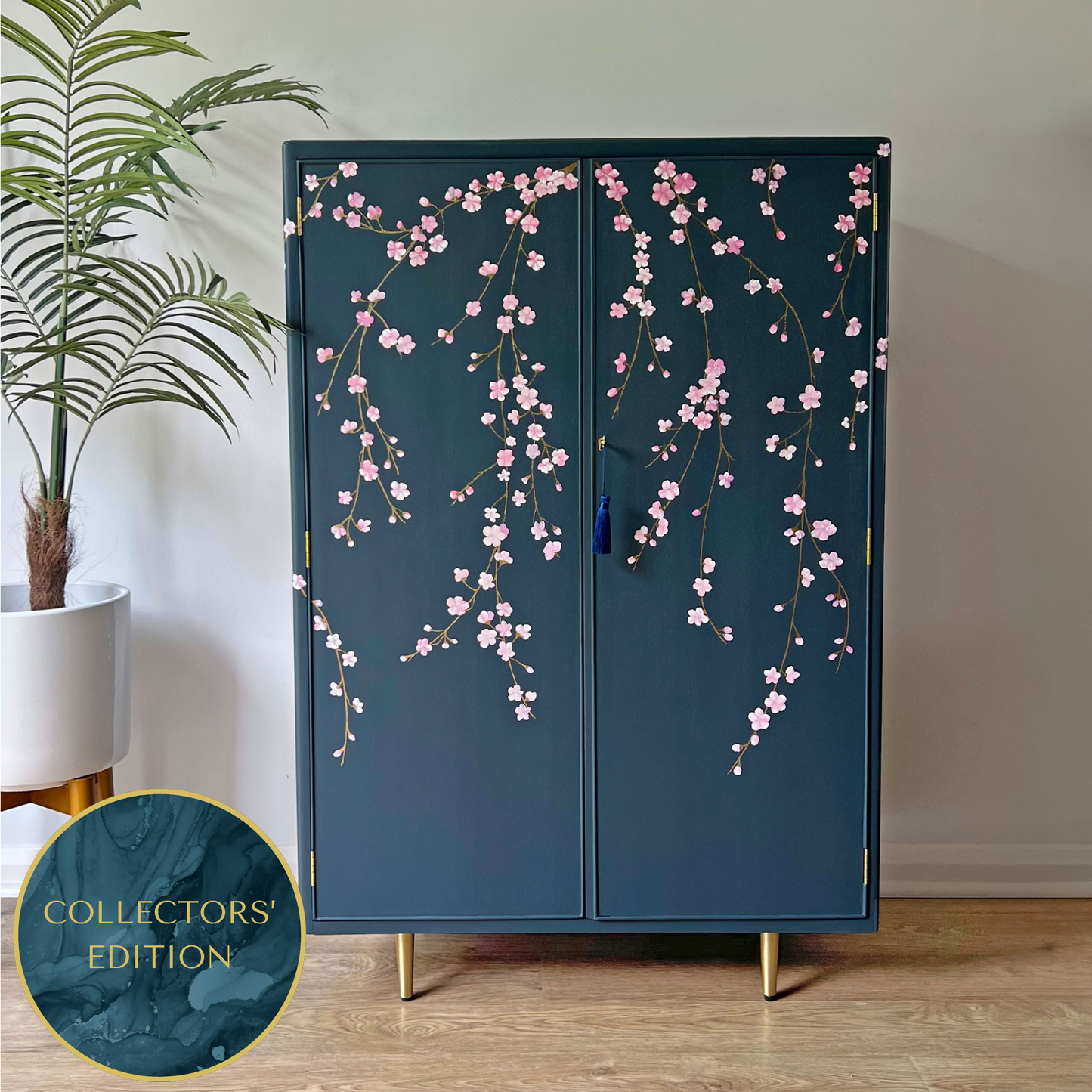 Vintage Large Blue Drinks Cocktail Cabinet Bar - Chinoiserie Cherry Blossoms - ‘Hanami’