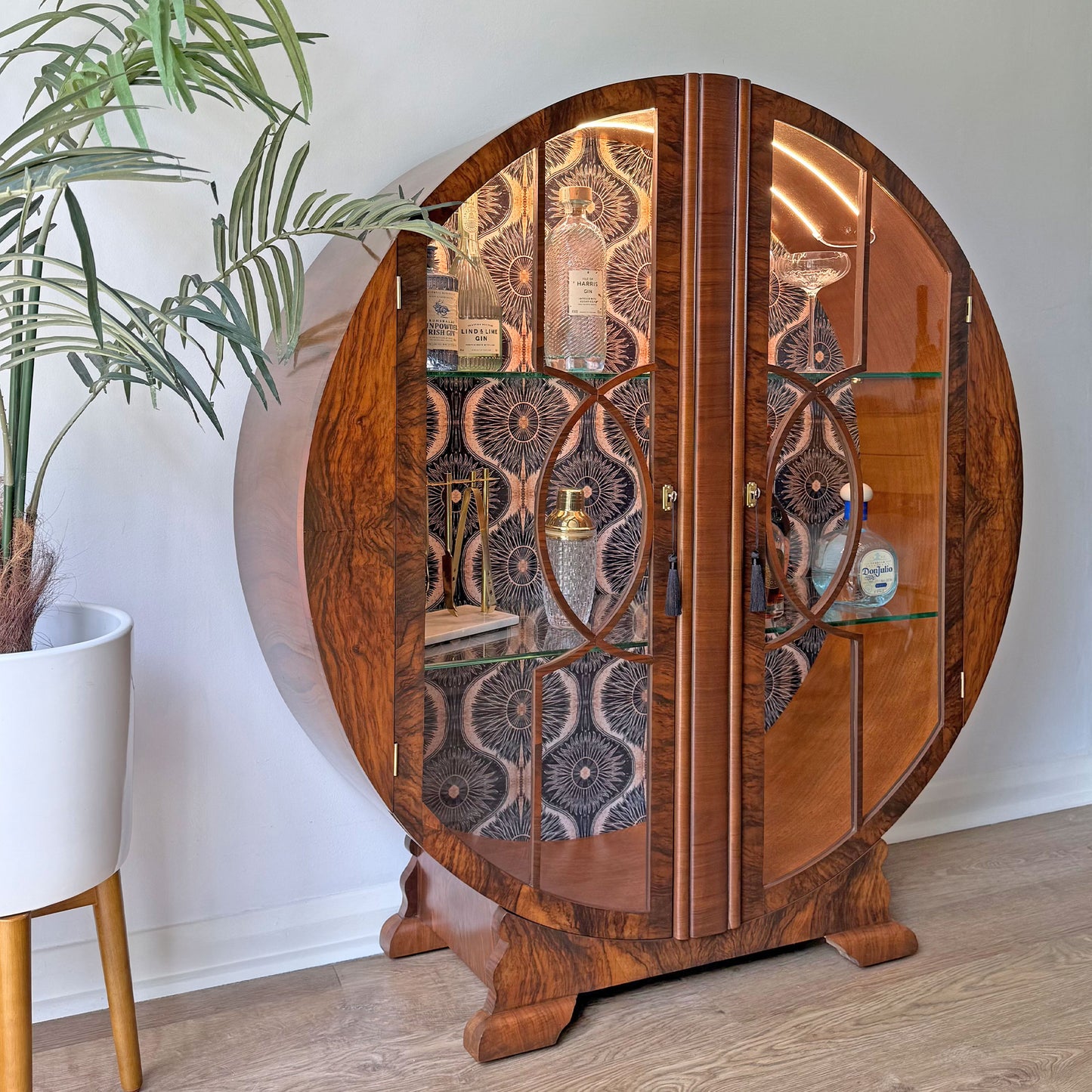 Rare Art Deco 1930s Walnut Round Circular Cocktail Drinks Cabinet - Anna Hayman 'Bibana'