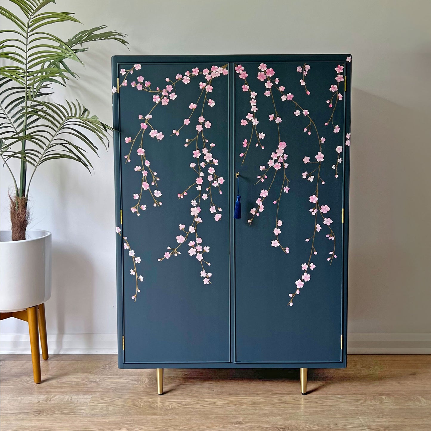 Vintage Large Blue Drinks Cocktail Cabinet Bar - Chinoiserie Cherry Blossoms - ‘Hanami’