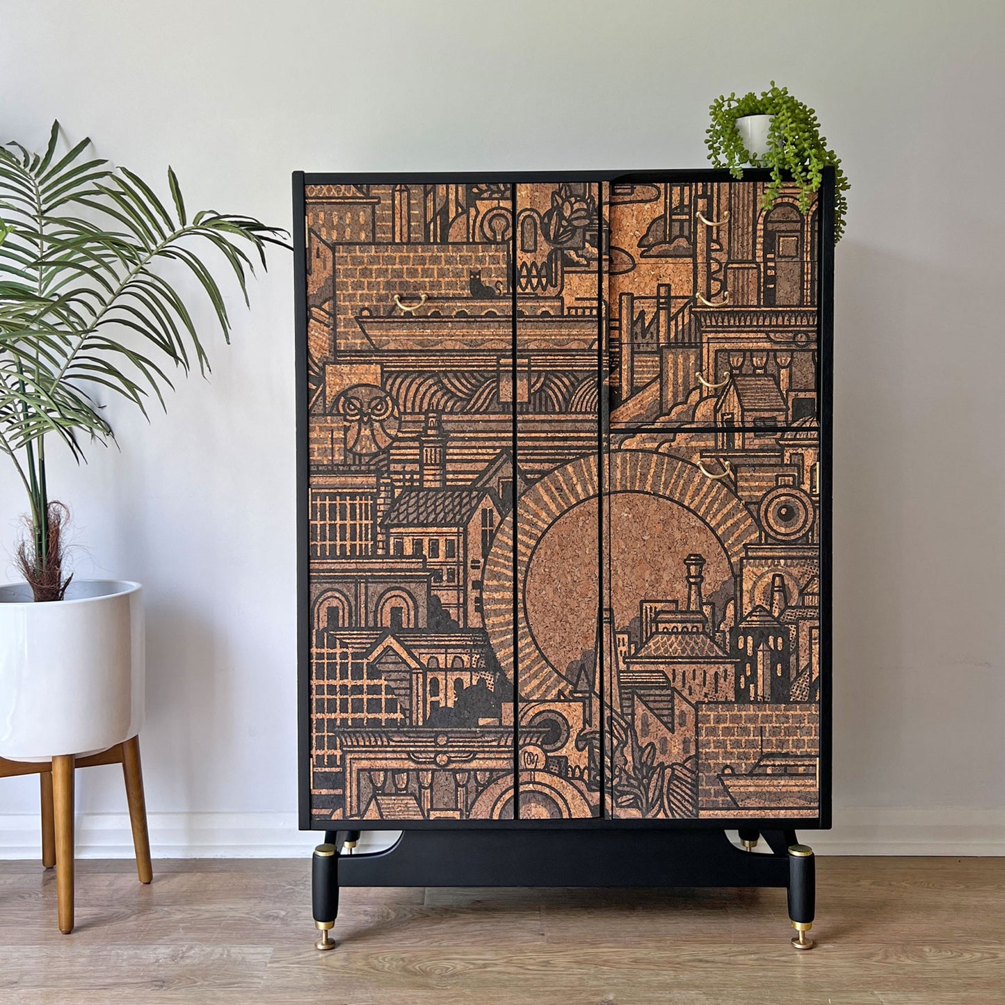 Mid-Century G Plan Librenza wardrobe transformed into a bespoke drinks cabinet, featuring a Portuguese cork print by Drew Millward & The Monkey Puzzle Tree.
