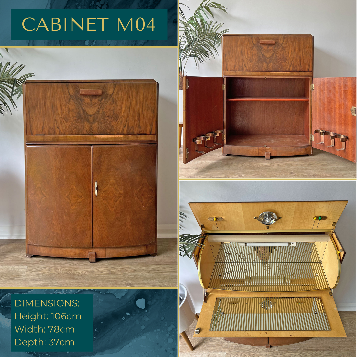 Vintage Walnut 1920s Art Deco Cocktail Cabinet - Bespoke Hand-Painted Design - *MADE TO ORDER*