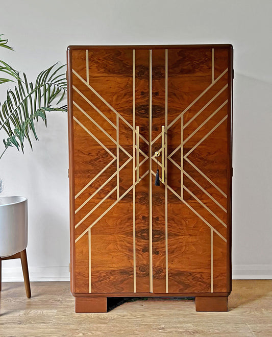Large Gold Geometric Art Deco Walnut Drinks Cocktail Gin Wine Bar Cabinet - MADE TO ORDER