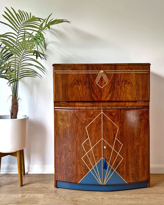 Vintage Walnut 1920s Art Deco Cocktail Cabinet - Bespoke Hand-Painted Design - Made to Order