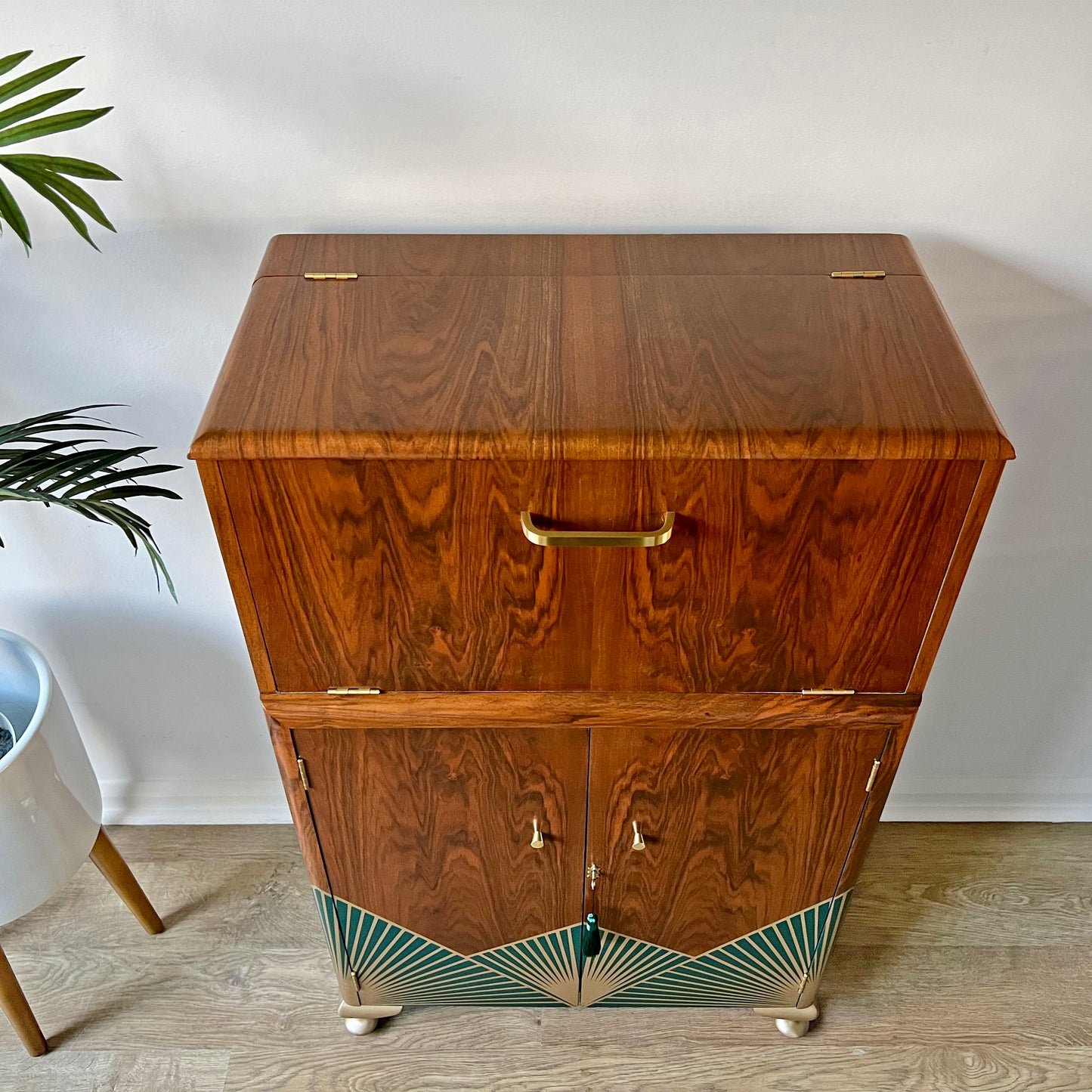 Art Deco Walnut Drinks Cocktail Gin Wine Bar Cabinet - Green & Gold *MADE TO ORDER*