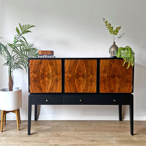 Vintage Mid Century Walnut Black & Brass Sideboard
