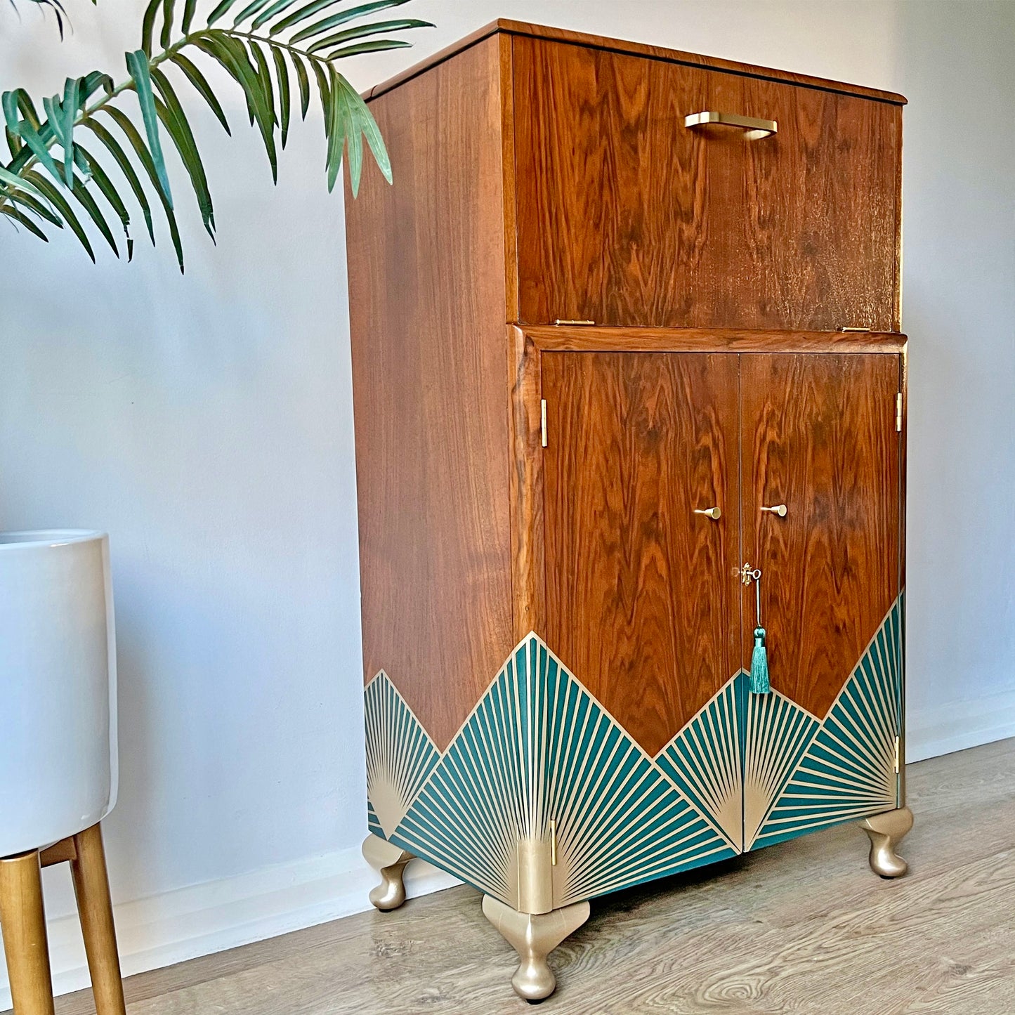 Art Deco Walnut Drinks Cocktail Gin Wine Bar Cabinet - Green & Gold *MADE TO ORDER*