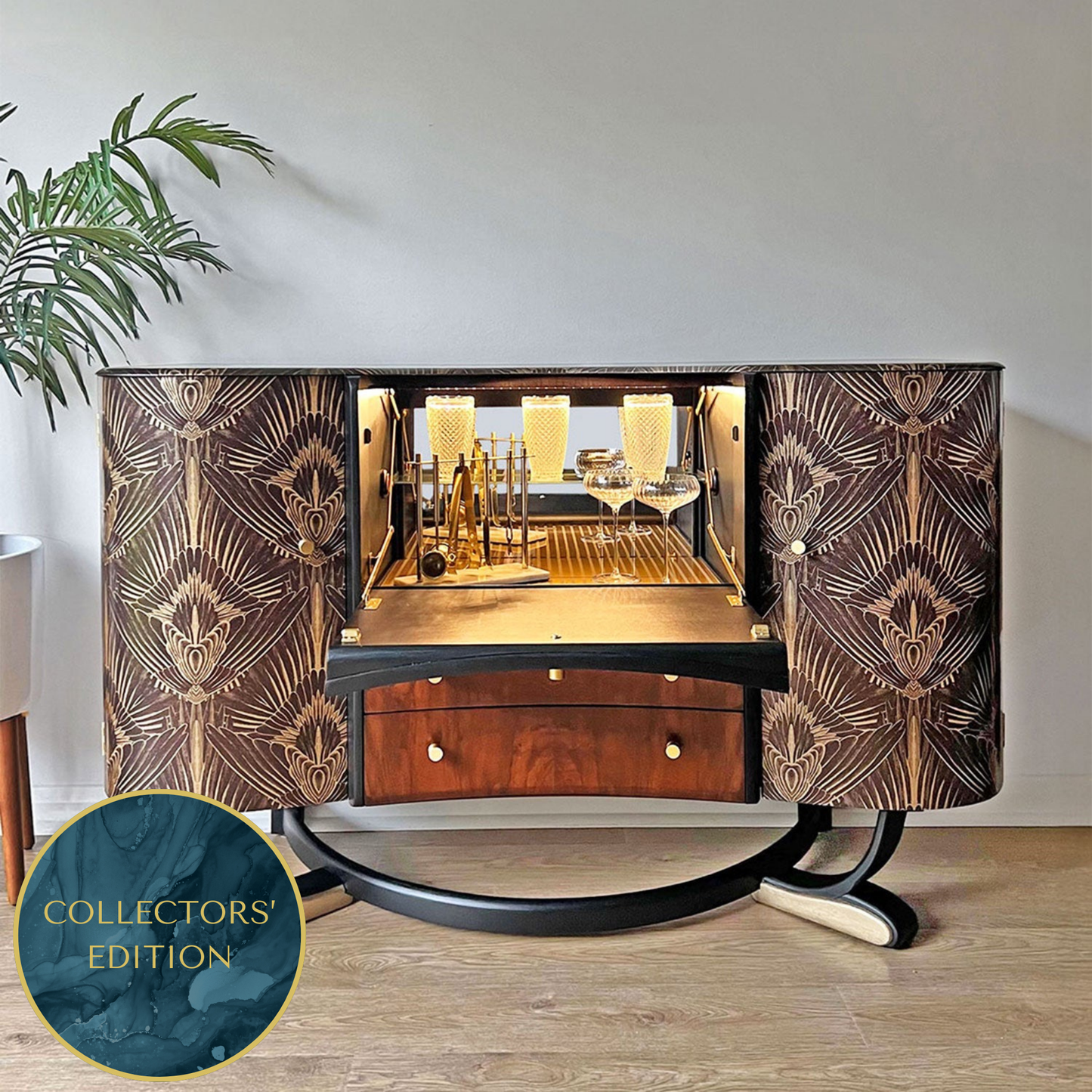 1920s Style Art Deco Beautility Walnut Sideboard Cocktail Cabinet - Black & Gold - ‘The Showstopper’