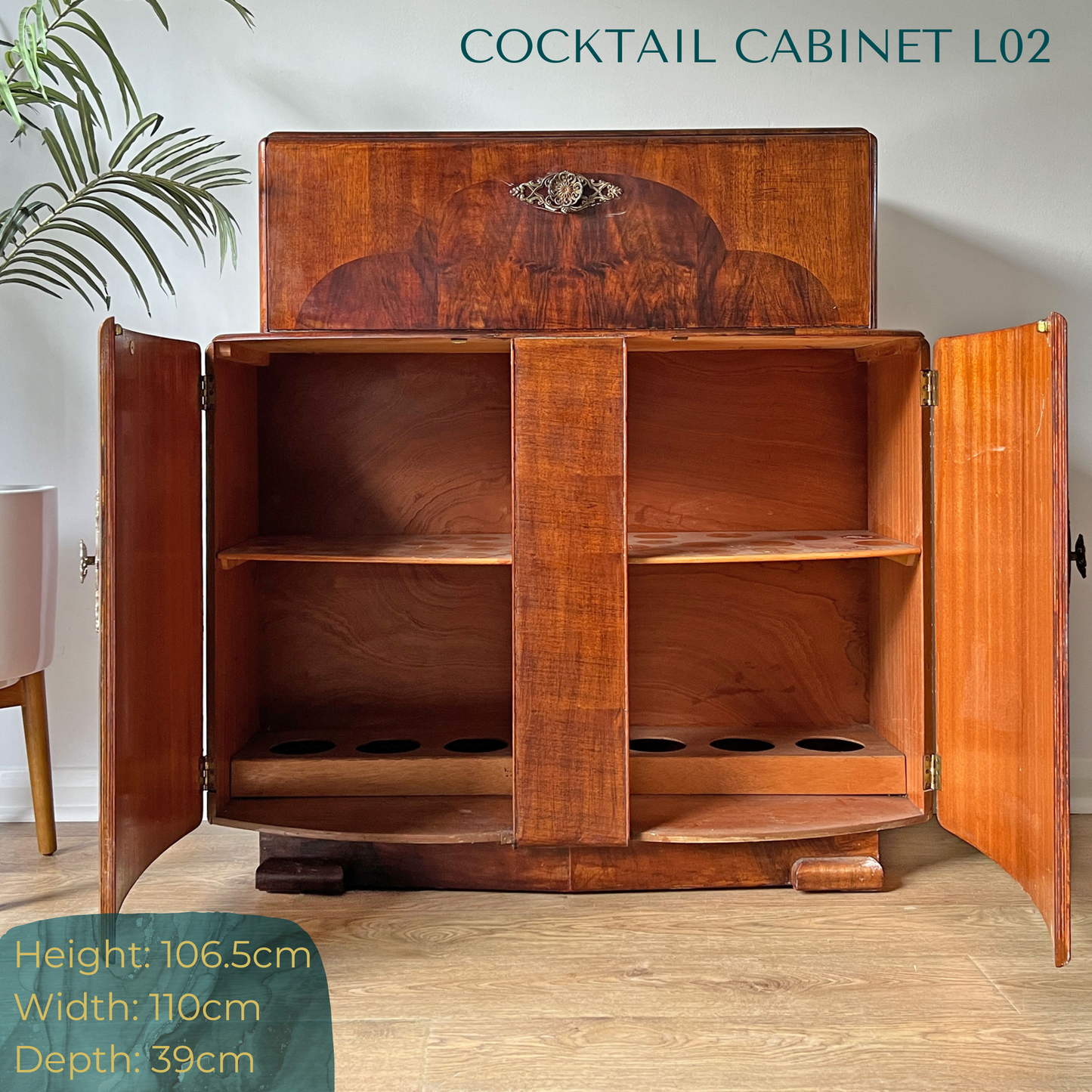 Large Vintage Walnut 1920s Art Deco Cocktail Cabinet - Bespoke Hand-Painted Pink & Blue Design - *MADE TO ORDER*