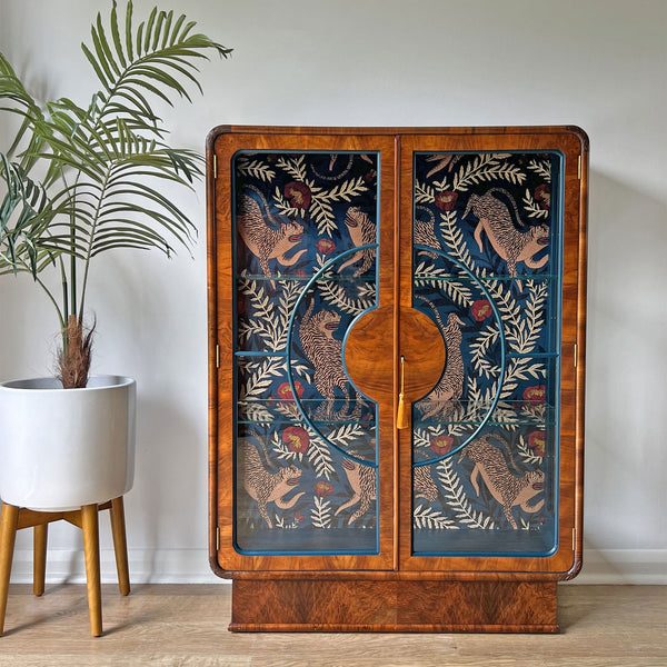 Vintage Art Deco Walnut Glazed Display Drinks Cabinet with Luxurious Velvet Interior - *MADE TO ORDER*