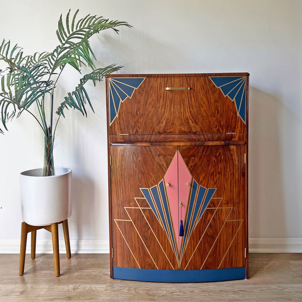 Vintage Walnut 1920s Art Deco Cocktail Cabinet - Bespoke Pink & Blue Hand-Painted Design - *MADE TO ORDER*