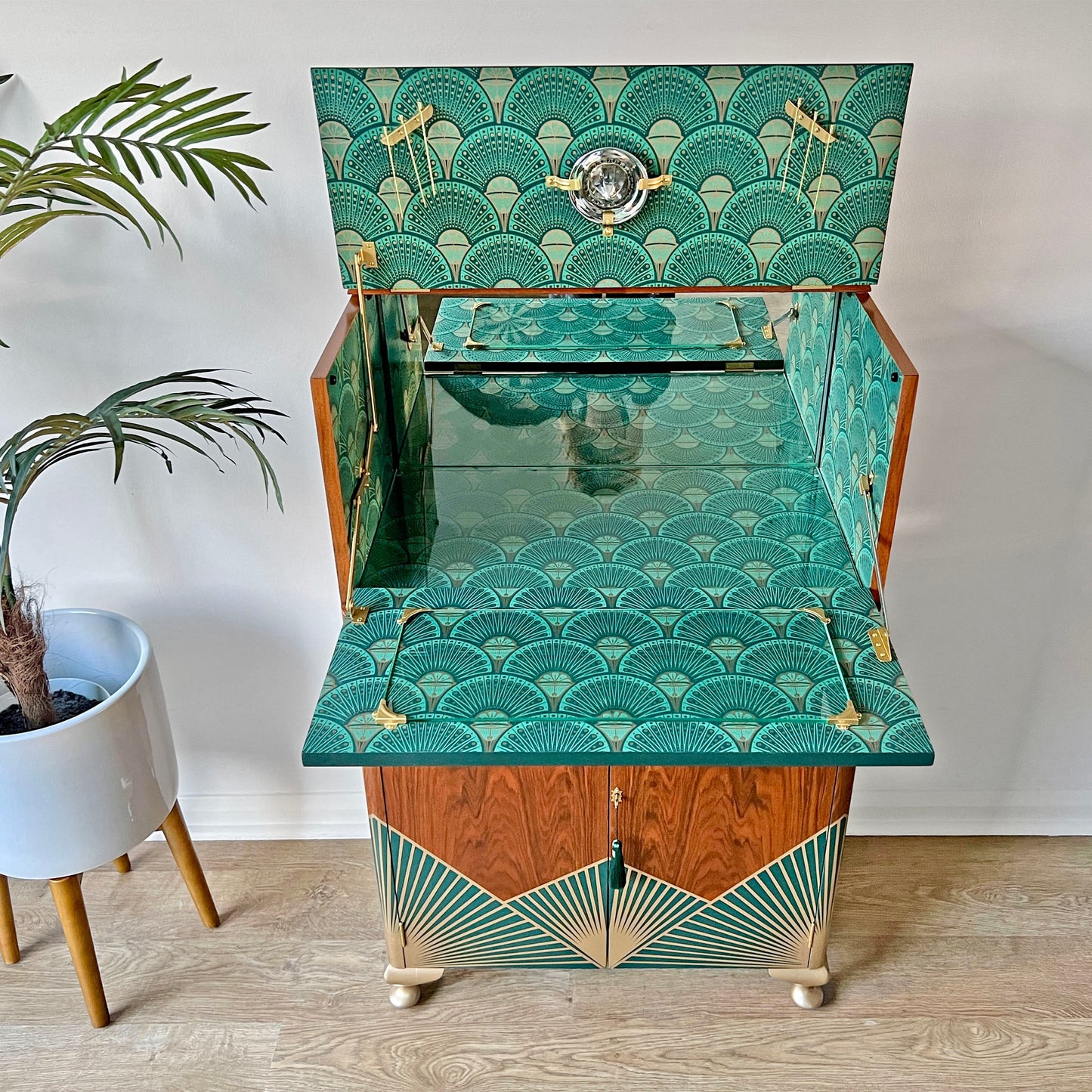 Art Deco Walnut Drinks Cocktail Gin Wine Bar Cabinet - Green & Gold *MADE TO ORDER*
