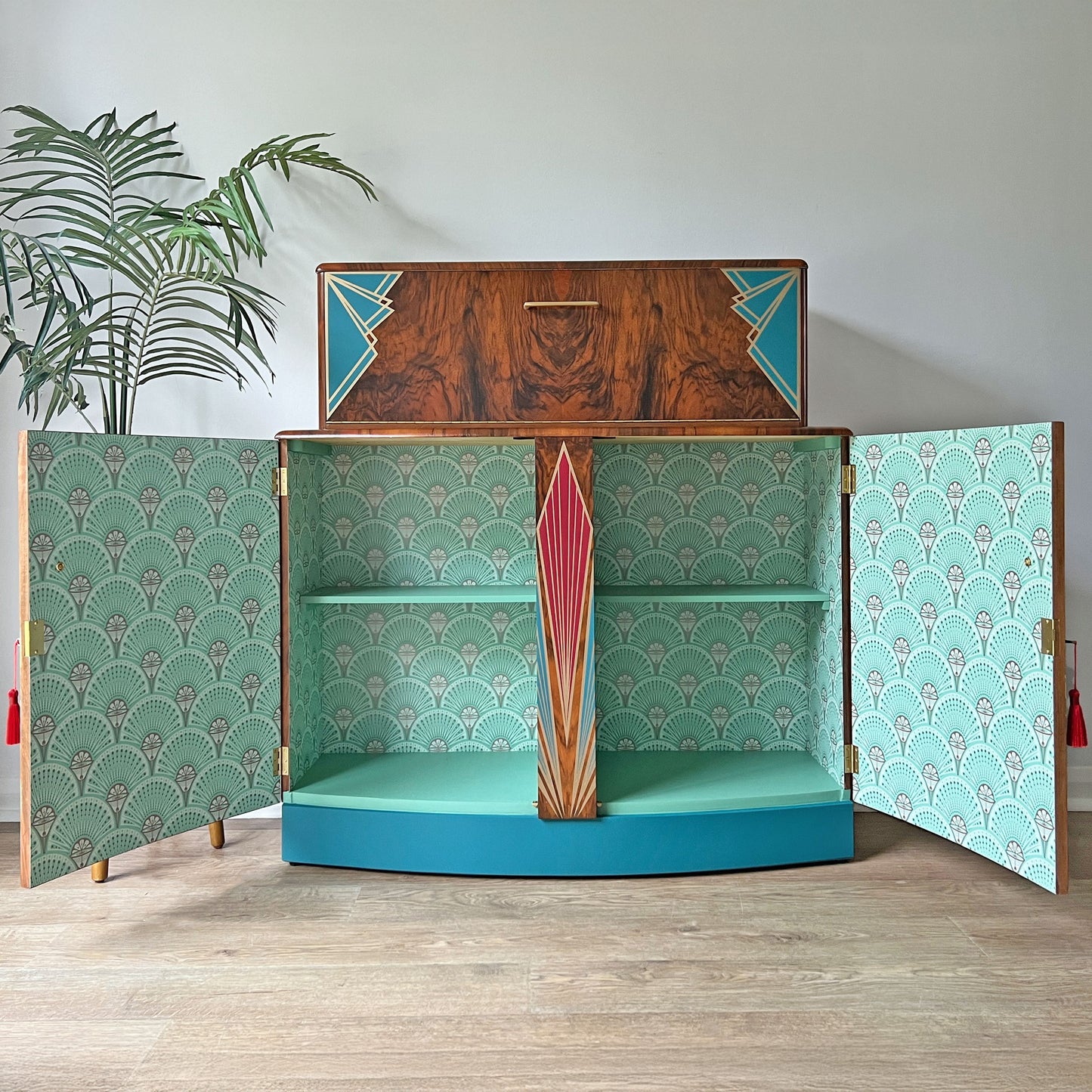 Large Vintage Walnut Art Deco Red & Turquoise Cocktail Cabinet - Bespoke Hand-Painted Design - *MADE TO ORDER*