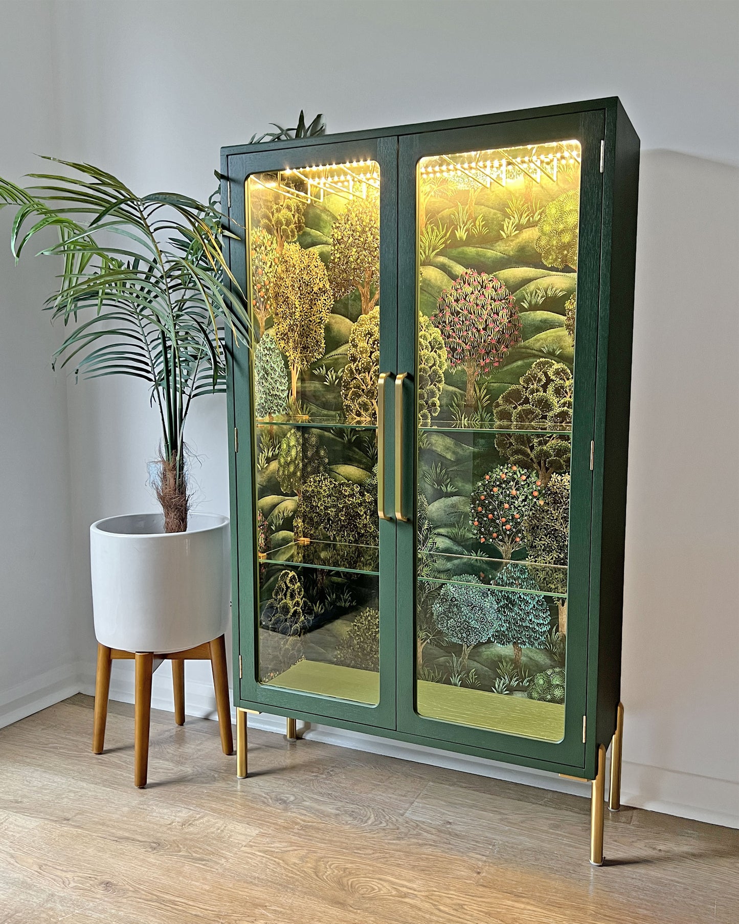 Green G Plan Modern Glass Display Drinks Cocktail Cabinet - Cole & Son Forest - *MADE TO ORDER*