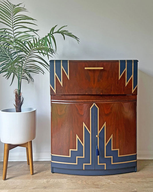 Vintage Walnut 1920s Art Deco Cocktail Cabinet - Bespoke Hand-Painted Design - Midnight Rising - Made to Order