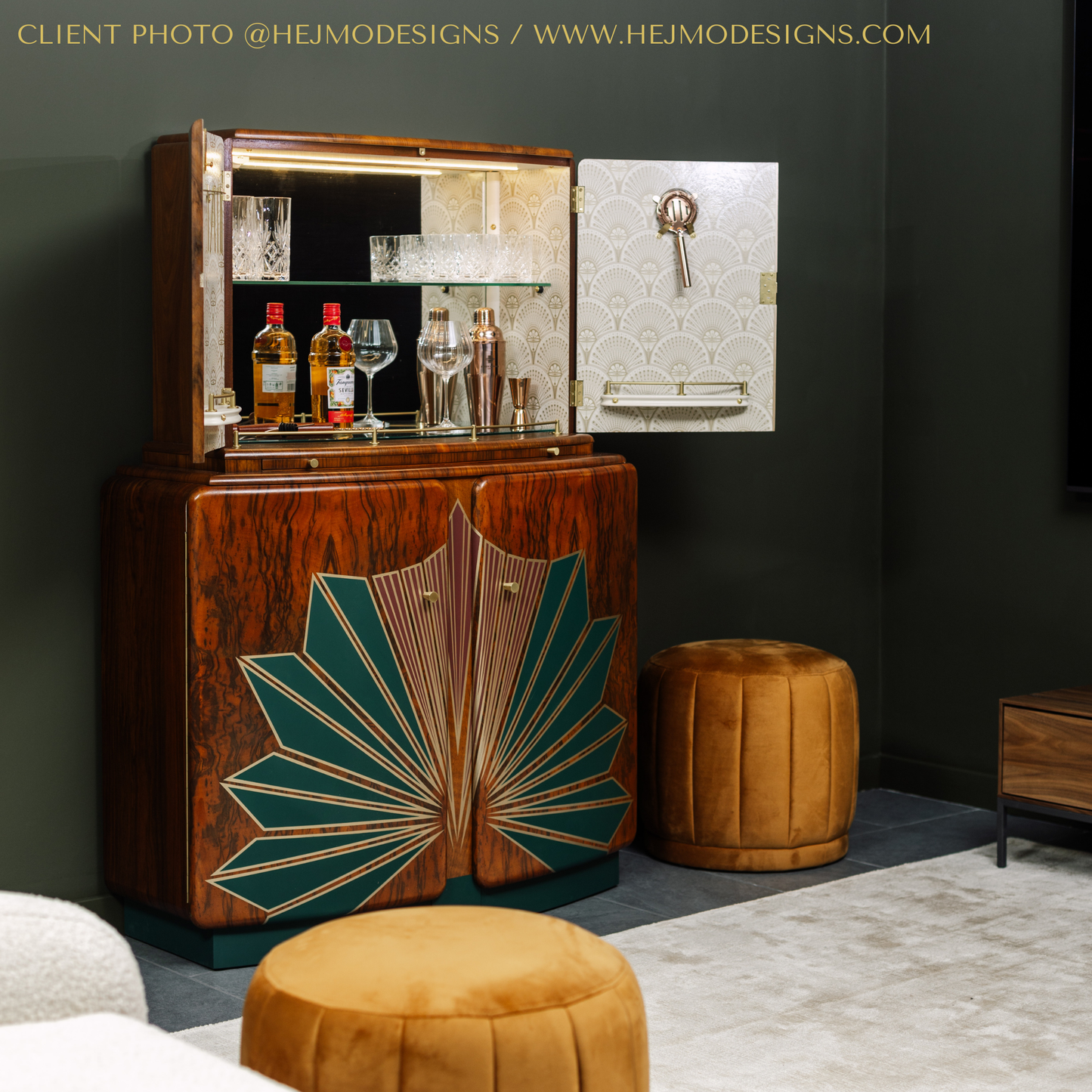 Large Vintage Walnut 1920s Art Deco Cocktail Cabinet - Red & Green Bespoke Hand-Painted Design - *MADE TO ORDER*