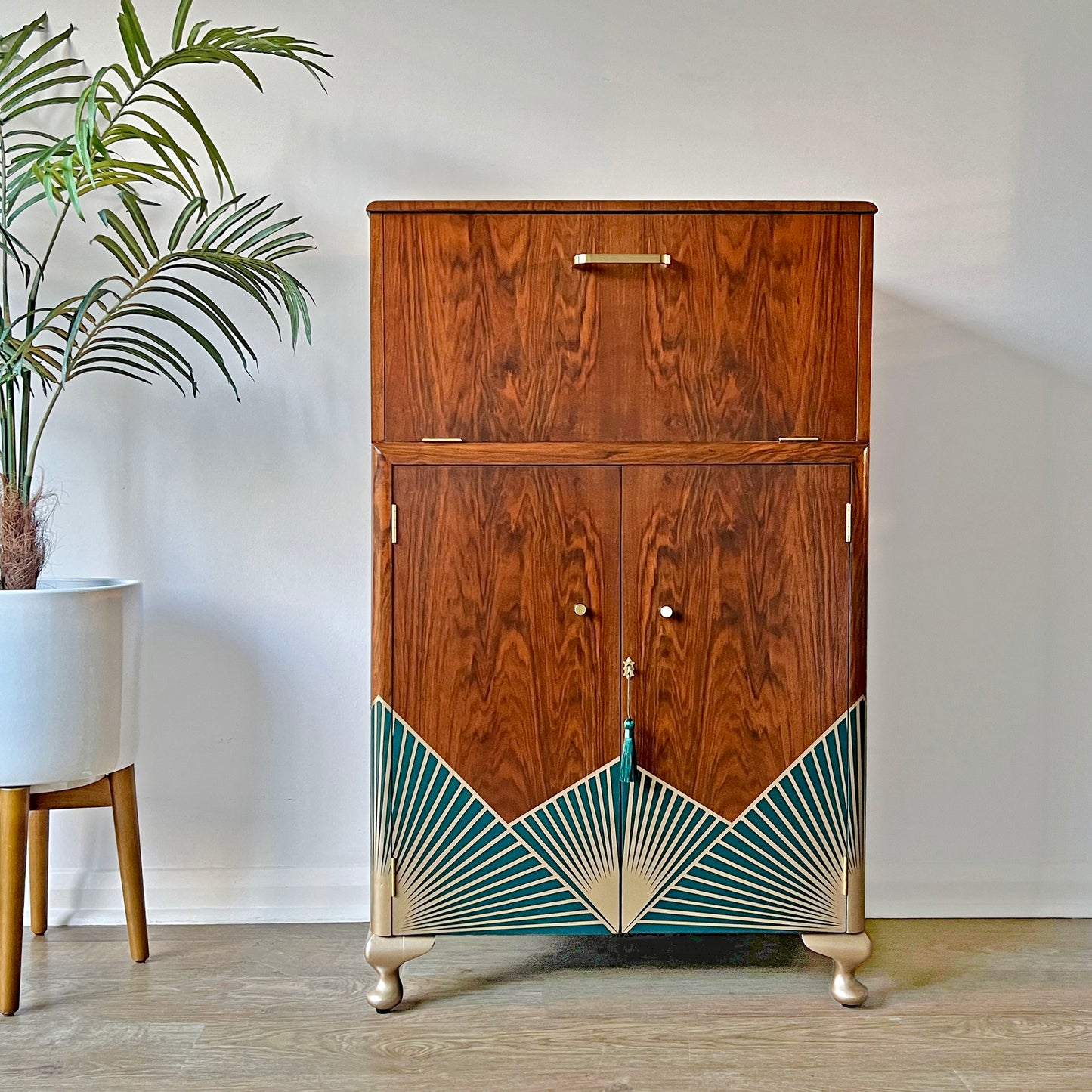 Art Deco Walnut Drinks Cocktail Gin Wine Bar Cabinet - Green & Gold *MADE TO ORDER*