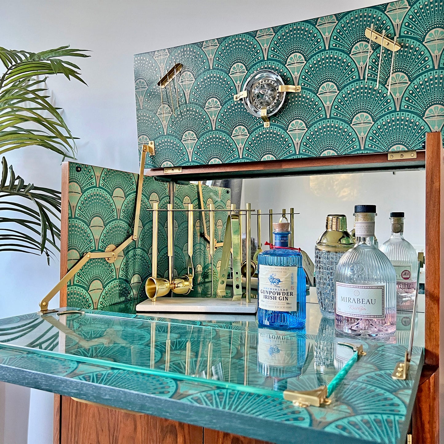 Art Deco Walnut Drinks Cocktail Gin Wine Bar Cabinet - Green & Gold *MADE TO ORDER*