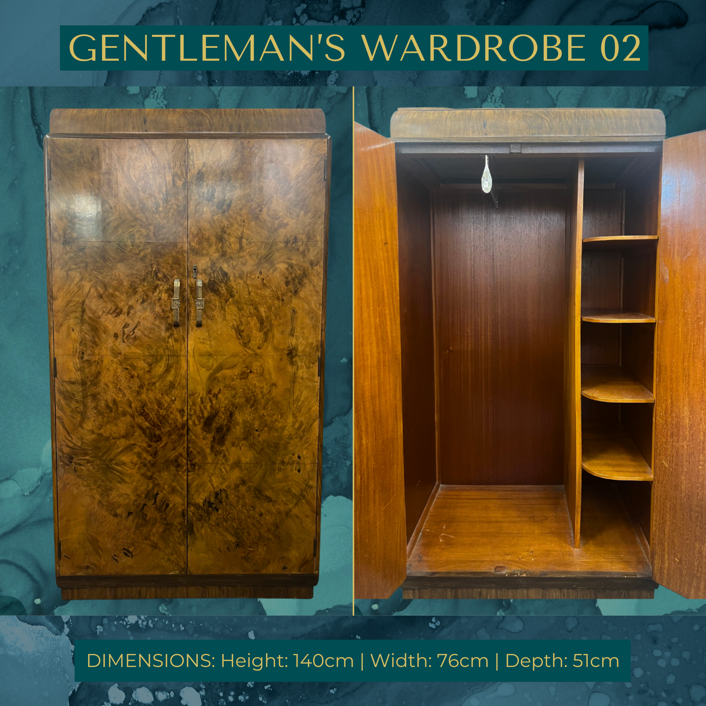 Large Art Deco Walnut Drinks Cabinet / Whiskey Bar - Gold Geometric Design - *MADE TO ORDER*