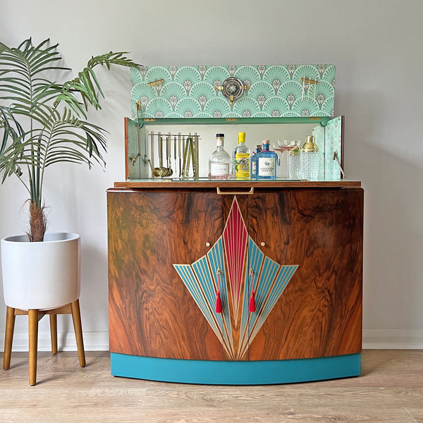 Large Vintage Walnut Art Deco Red & Turquoise Cocktail Cabinet - Bespoke Hand-Painted Design - *MADE TO ORDER*