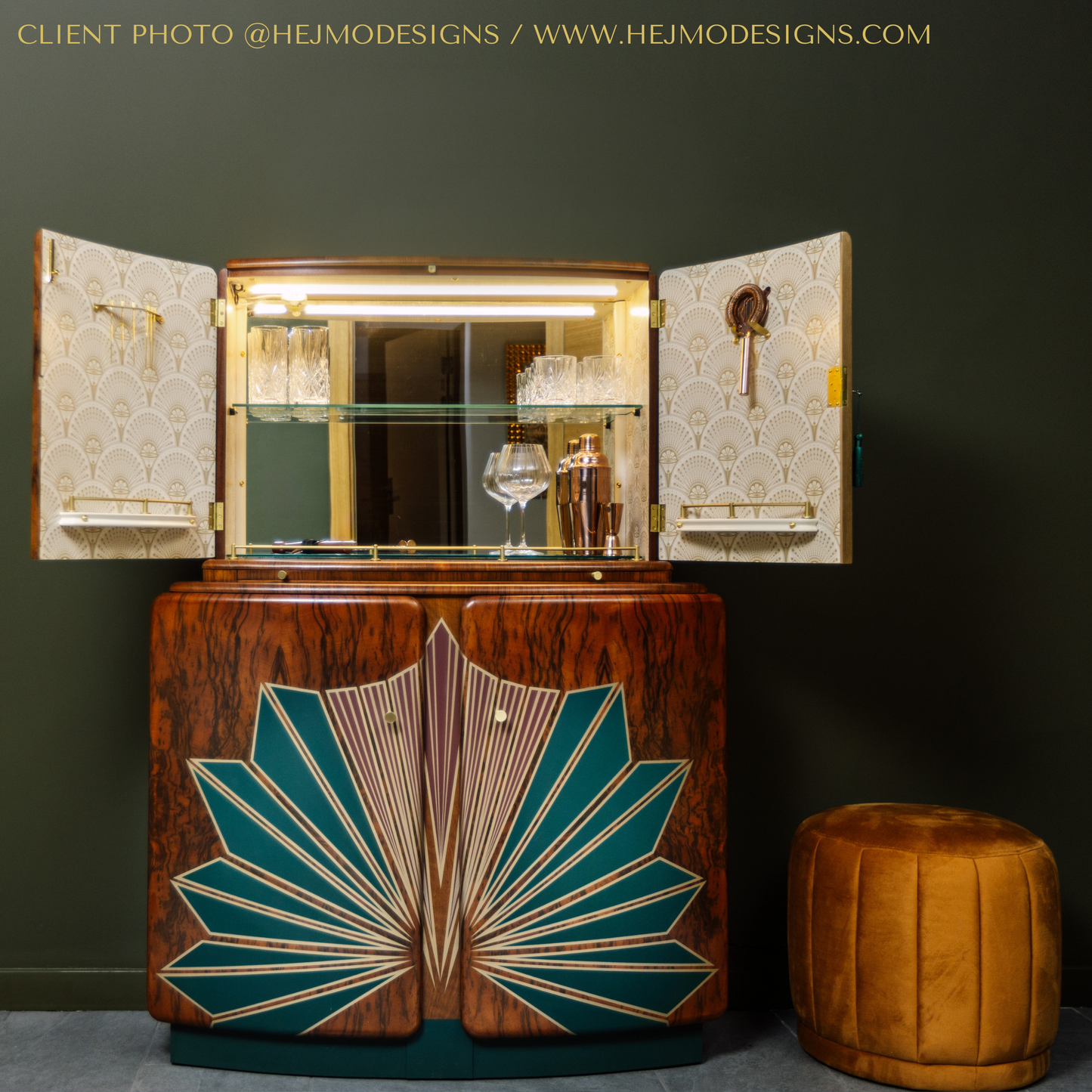 Large Vintage Walnut 1920s Art Deco Cocktail Cabinet - Red & Green Bespoke Hand-Painted Design - *MADE TO ORDER*