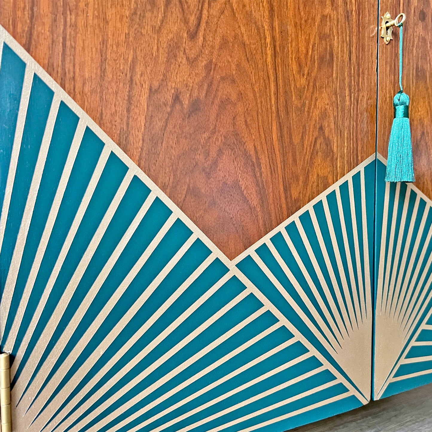 Art Deco Walnut Drinks Cocktail Gin Wine Bar Cabinet - Green & Gold *MADE TO ORDER*