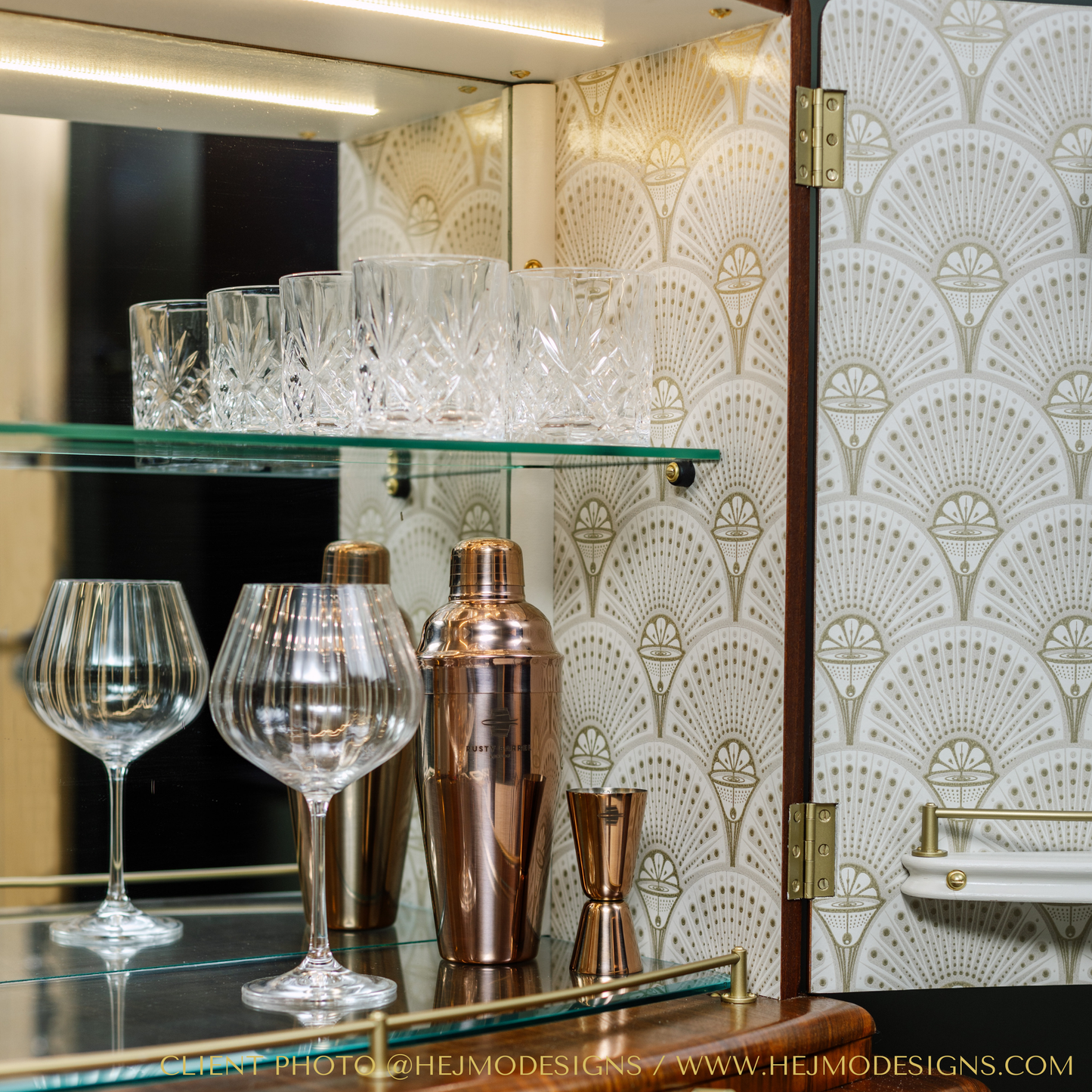 Large Vintage Walnut 1920s Art Deco Cocktail Cabinet - Red & Green Bespoke Hand-Painted Design - *MADE TO ORDER*