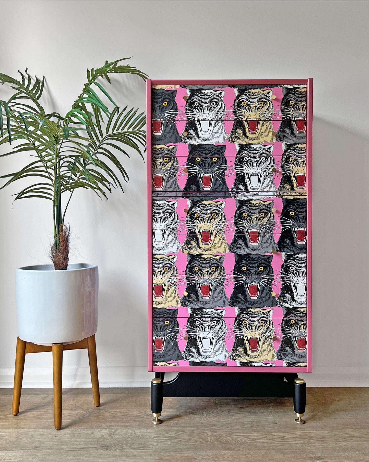 Vintage G Plan Tola Tallboy Chest of Drawers - Rare Gucci Pink Tiger Faces - ‘The Catwalk’