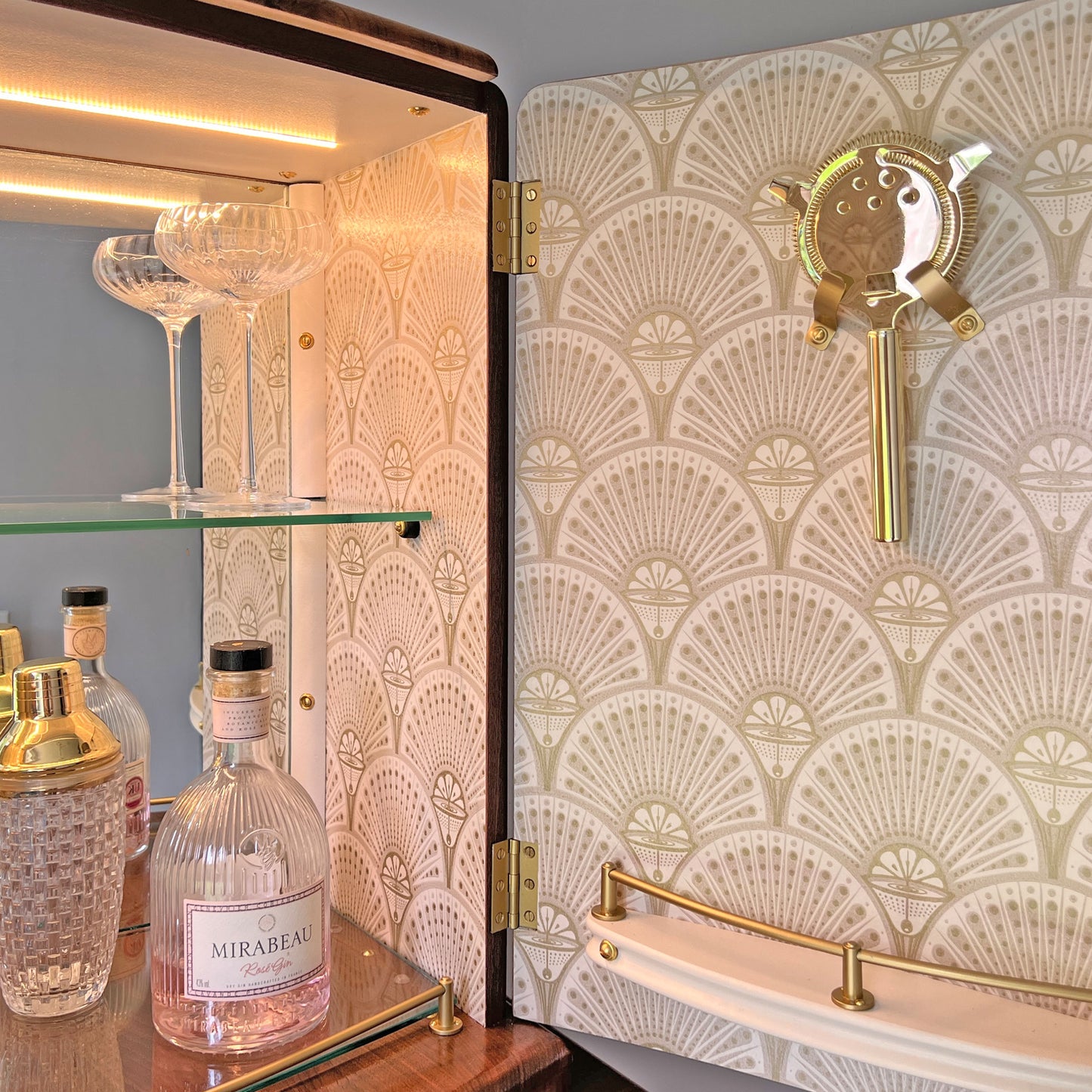 Large Vintage Walnut 1920s Art Deco Cocktail Cabinet - Red & Green Bespoke Hand-Painted Design - *MADE TO ORDER*