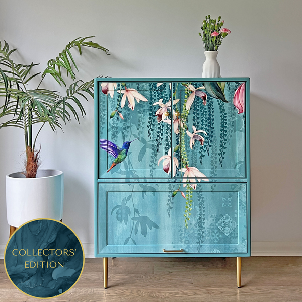 One-of-a-kind G Plan Fresco Drinks Cocktail Cabinet - Aqua Blue - Trailing Orchids - ‘The Humming Hour’