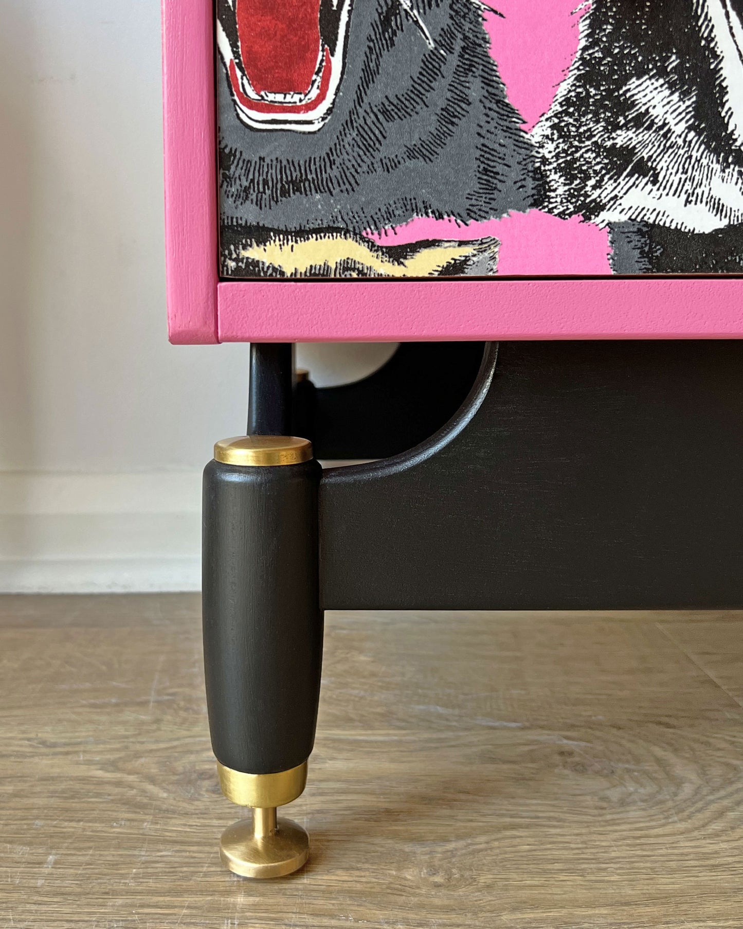 Vintage G Plan Tola Tallboy Chest of Drawers - Rare Gucci Pink Tiger Faces - ‘The Catwalk’