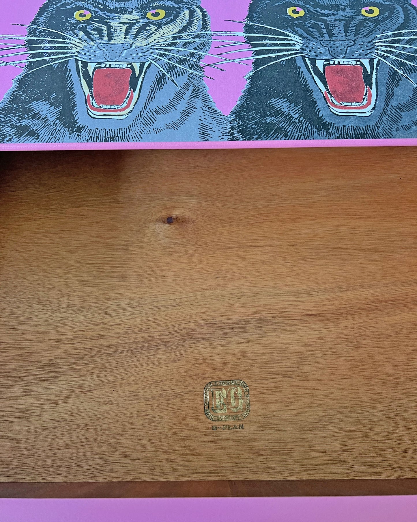 Vintage G Plan Tola Tallboy Chest of Drawers - Rare Gucci Pink Tiger Faces - ‘The Catwalk’
