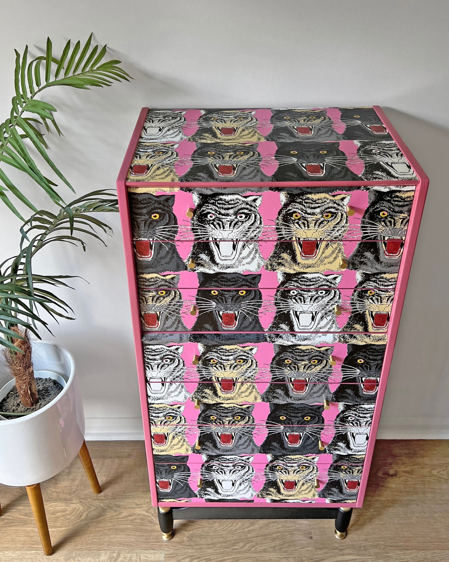 Vintage G Plan Tola Tallboy Chest of Drawers - Rare Gucci Pink Tiger Faces - ‘The Catwalk’