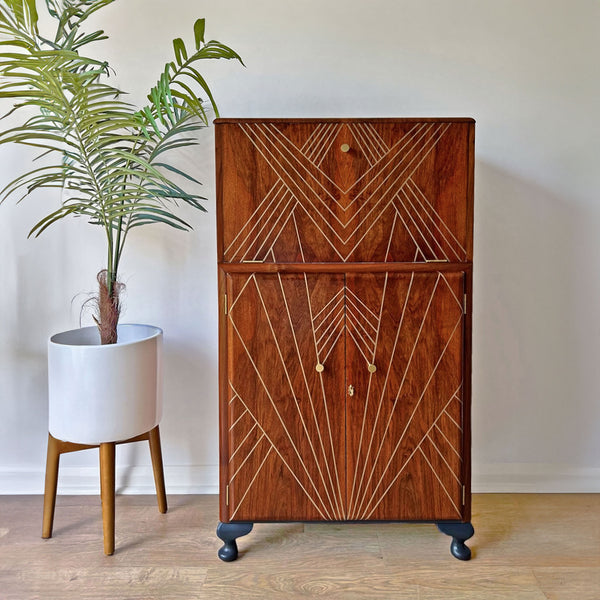 Gold Art Deco Walnut Drinks Cocktail Gin Wine Bar Cabinet - *MADE TO ORDER*