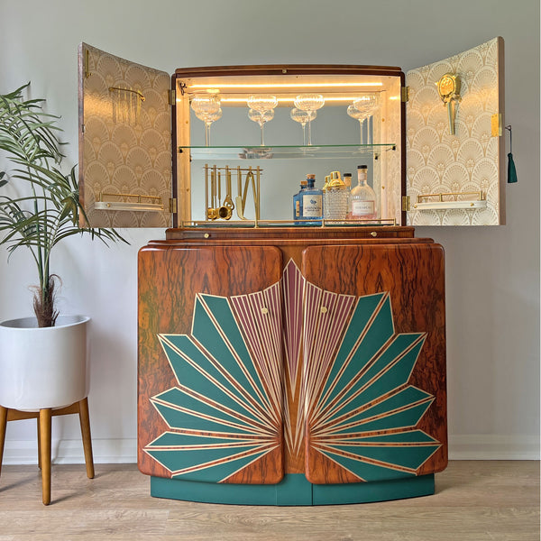 Large Vintage Walnut 1920s Art Deco Cocktail Cabinet - Red & Green Bespoke Hand-Painted Design - *MADE TO ORDER*