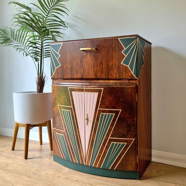 Vintage Walnut 1920s Art Deco Cocktail Cabinet - Bespoke Hand-Painted Design - *MADE TO ORDER*