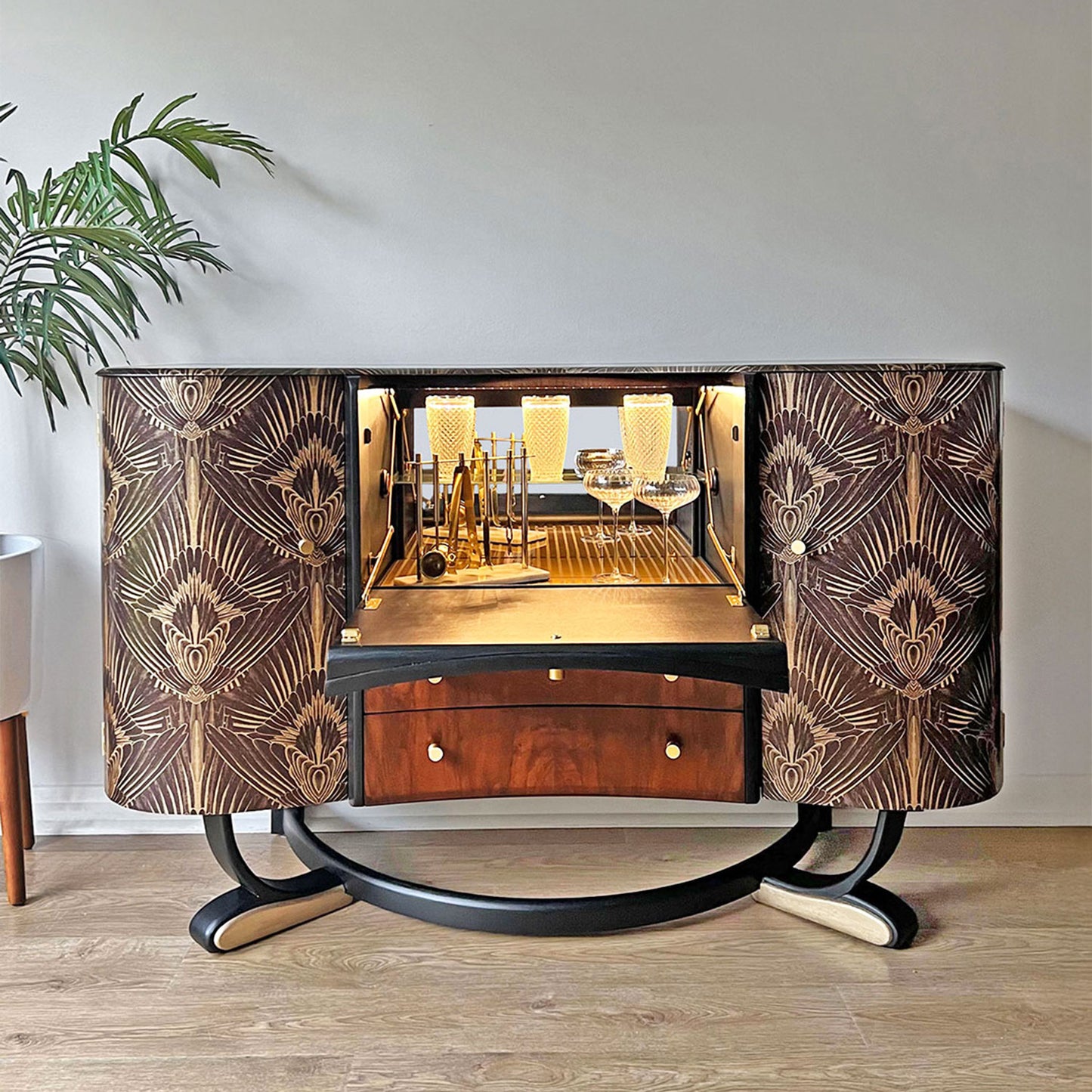 intage Beautility cocktail cabinet with illuminated drop-down bar, featuring original mirror and gold pinstriped glass protector.