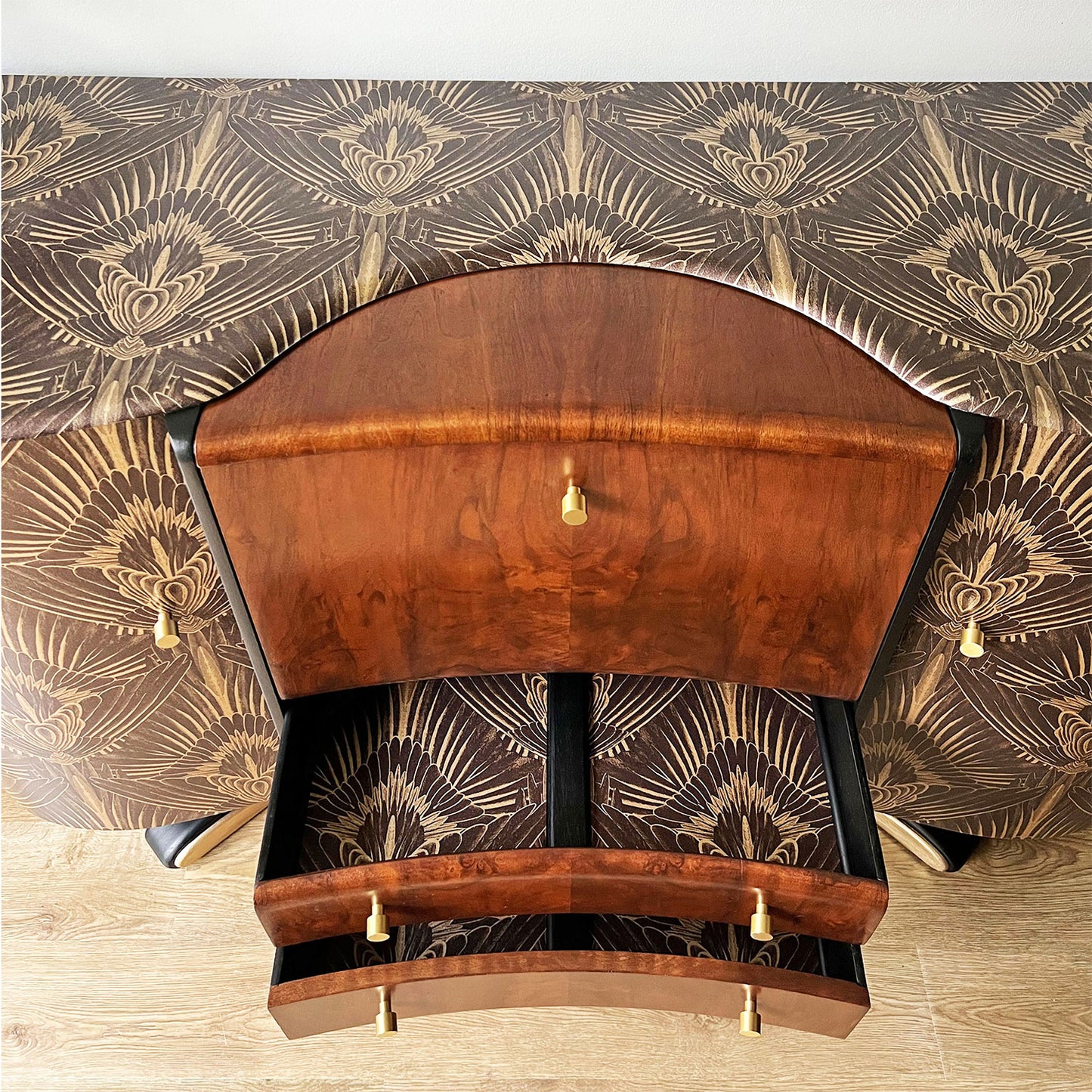 Art Deco Beautility cabinet with black and gold Gershwing decoupaged drawers, ideal for cocktail accessories and recipe books.