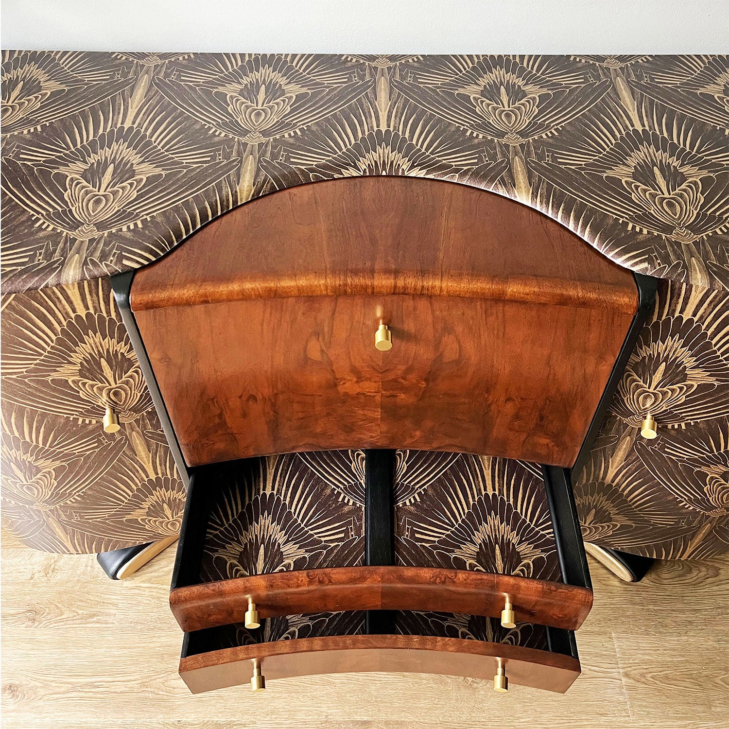 Art Deco Beautility cabinet with black and gold Gershwing decoupaged drawers, ideal for cocktail accessories and recipe books.