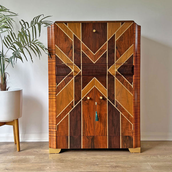 Art Deco Gatsby Walnut Gold Geometric Drinks Cocktail Whiskey Cabinet - *MADE TO ORDER*