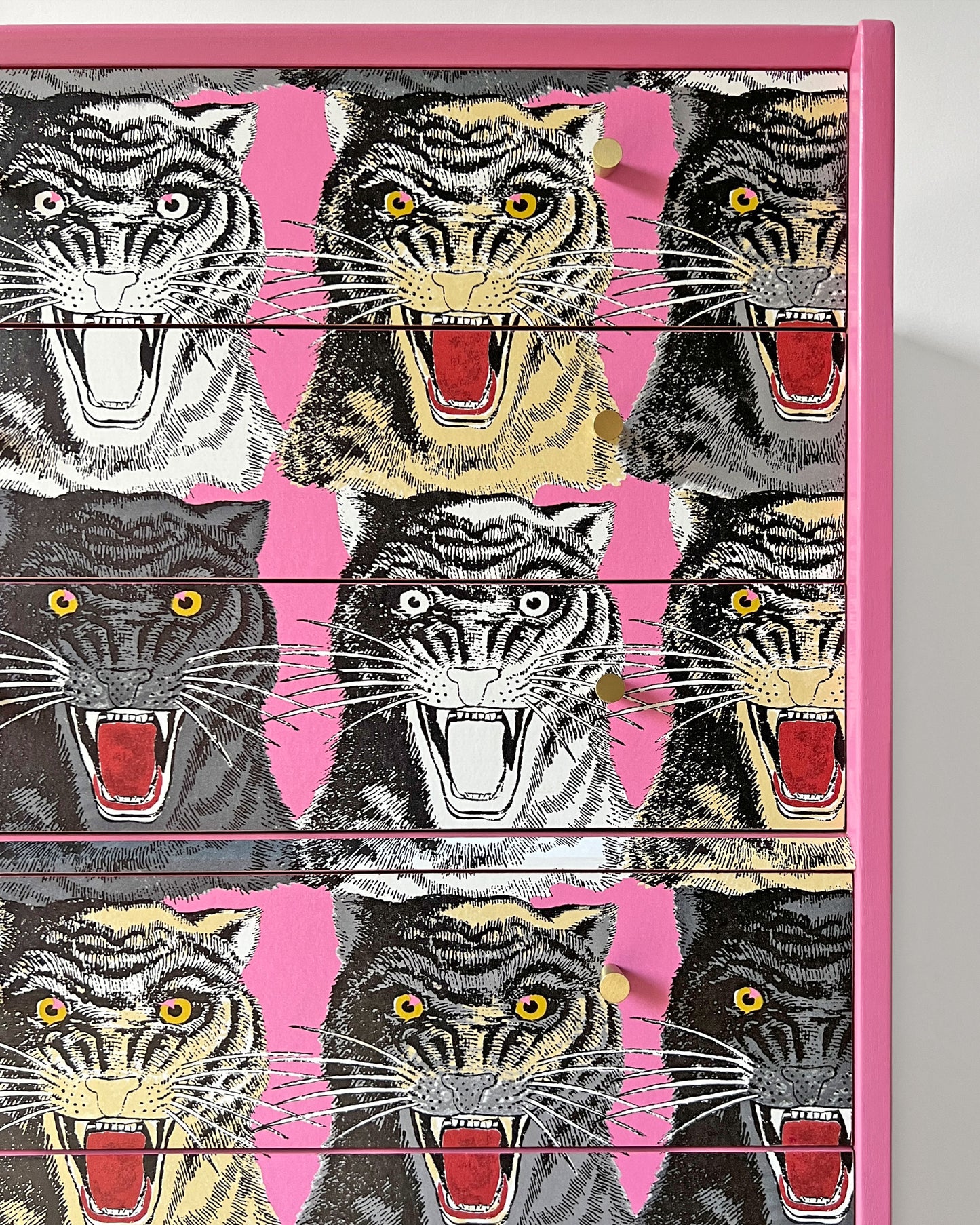 Vintage G Plan Tola Tallboy Chest of Drawers - Rare Gucci Pink Tiger Faces - ‘The Catwalk’