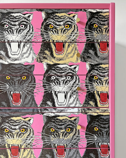 Vintage G Plan Tola Tallboy Chest of Drawers - Rare Gucci Pink Tiger Faces