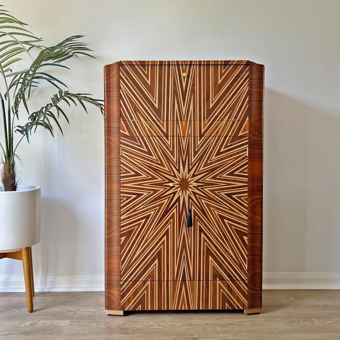 Luxury Art Deco Gold Starburst Walnut Drinks Cocktail Cabinet - ‘The Supernova’