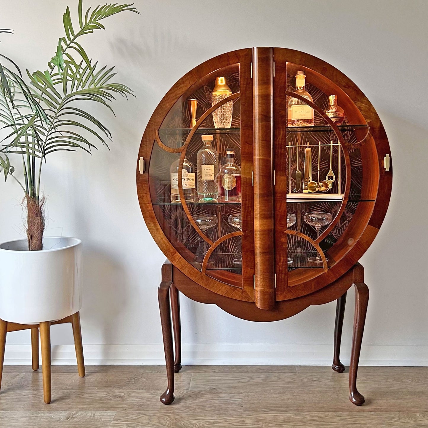 Rare Art Deco 1930s Walnut Round Circular Cocktail Drinks Cabinet - ‘The Orb’