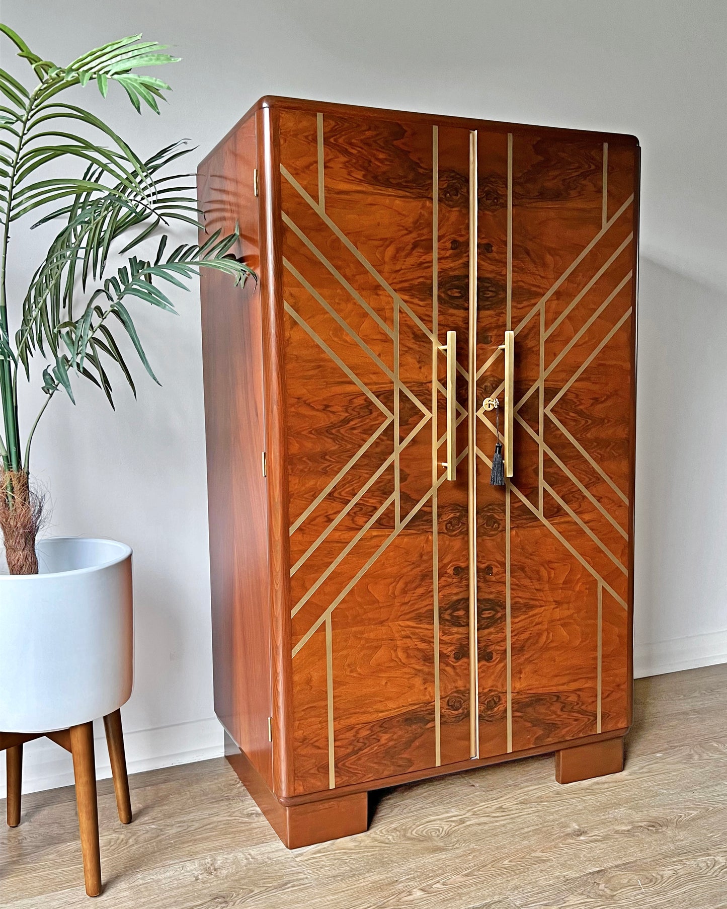 Large Gold Geometric Art Deco Walnut Drinks Cocktail Gin Wine Bar Cabinet - MADE TO ORDER
