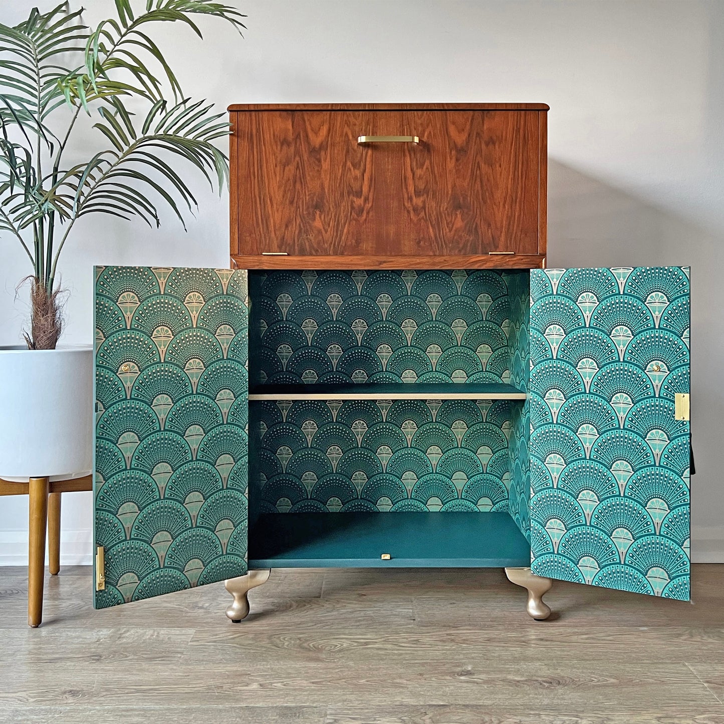 Art Deco Walnut Drinks Cocktail Gin Wine Bar Cabinet - Green & Gold *MADE TO ORDER*